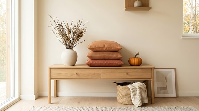 Minimalist wooden bench in cozy living space showcasing seasonal decor with neutral textiles