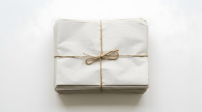 Stack of blank white papers tied with rustic twine string