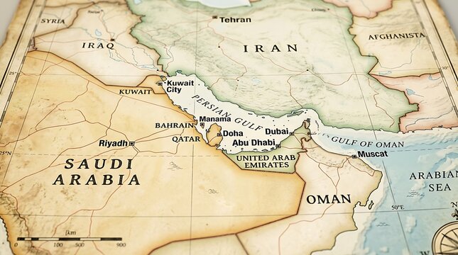 Map showing the Persian Gulf and surrounding Middle Eastern countries with geographic details.