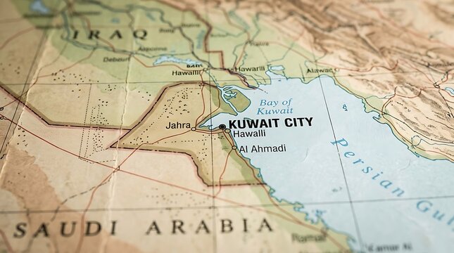 Map of Kuwait and the surrounding Middle East region displayed with detailed geographical labels.