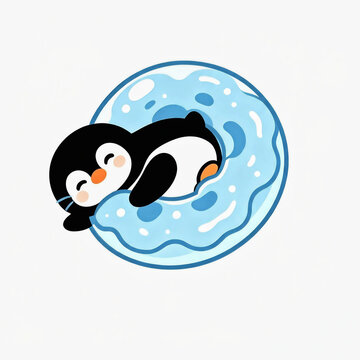Cute penguin relaxing swimming on blue inflatable donut floatie vector cartoon illustration