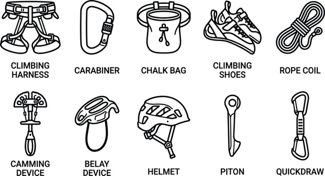 Rock climbing hardware safety apparatus highlighting harness carabiner chalk bag shoes coil cam belay piton quickdraw