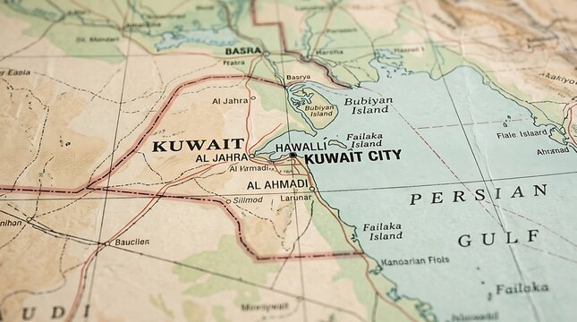 Kuwait map features geographic boundaries, coastal regions, and the Persian Gulf on a detailed paper atlas surface.