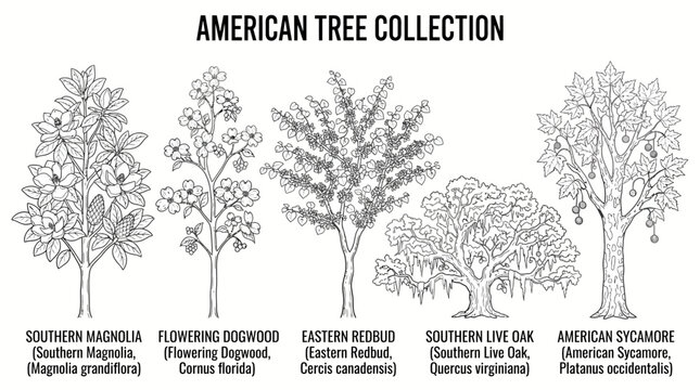 : Very beautiful black and white realistic vector collection featuring five separate American trees: Southern Magnolia, Flowering Dogwood, Eastern Redbud, Southern Live Oak, and American Sycamore, eac