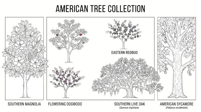 : Very beautiful black and white realistic vector collection featuring five separate American trees: Southern Magnolia, Flowering Dogwood, Eastern Redbud, Southern Live Oak, and American Sycamore, eac