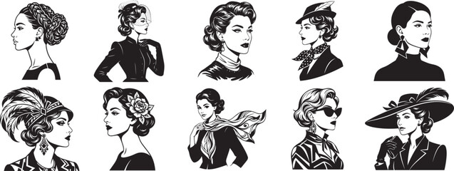 Obraz premium Vintage Women Fashion Portrait Illustration Set