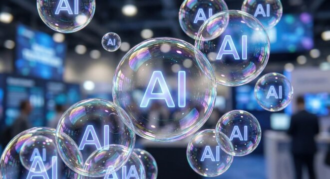 Glowing AI letters inside iridescent glass bubbles depicting an AI tech bubble.