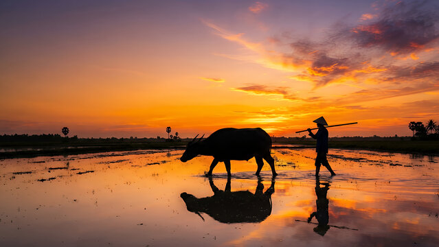 Farmer walking with a water buffalo through a flooded rice paddy during a vibrant golden sunset