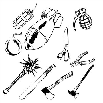 Black line vector drawings of various objects including grenade bomb dynamite mace axe scissors and pliers isolated on white background.