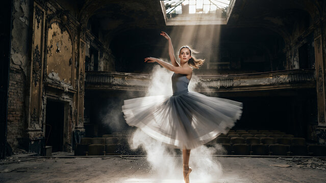 Young ballerina dancing in a tutu inside a dark abandoned theater with dramatic light rays from above