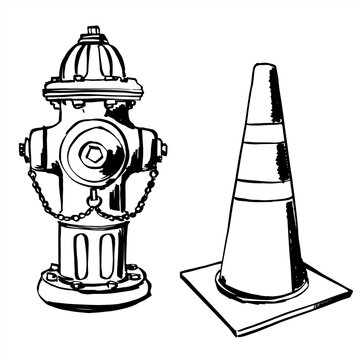 Hand drawn black line sketch vector illustration of a vintage fire hydrant and traffic safety cone isolated on white background.