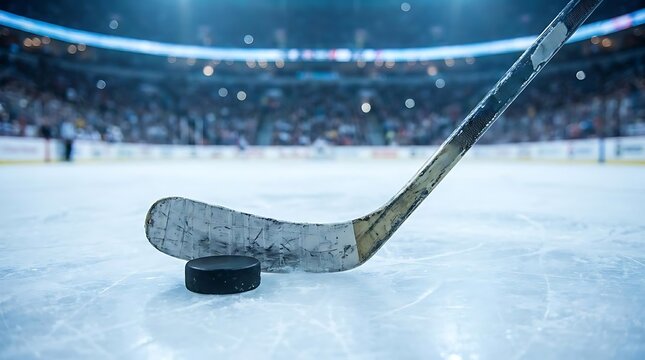 Ice hockey stick and puck on rink surface.