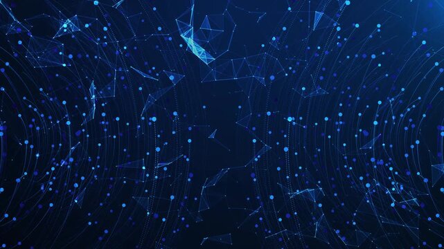 Curved blue particle light streaks. Big data processing network. futuristic artificial intelligence and cloud computing connection concept.