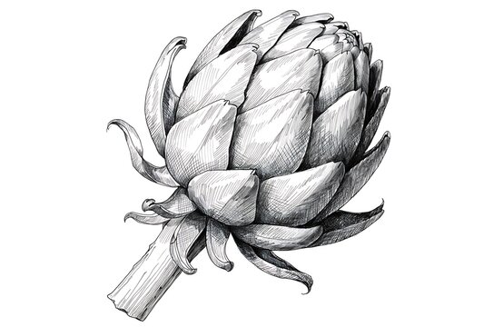 Artistic black and white illustration of a whole artichoke with leaves