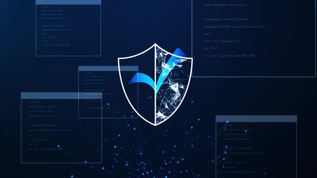 Cybersecurity protection concept with secure shield icon and source code. Data security, encryption, privacy protection and network defense technology and IT systems.