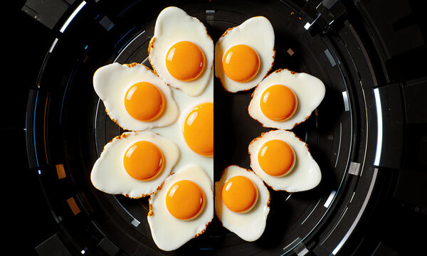 Fried egg abstract pattern showing sunny-side up eggs arranged in a circular flower shape on a dark futuristic surface