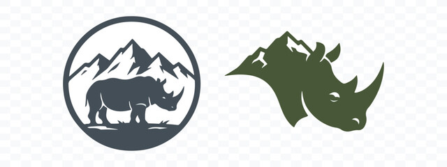 Graphic set of rhinoceros badges and icons with mountain landscape designs animal icon logo design rhinoceros mountain landscape wildlife adventure © Nur-uz-zaman