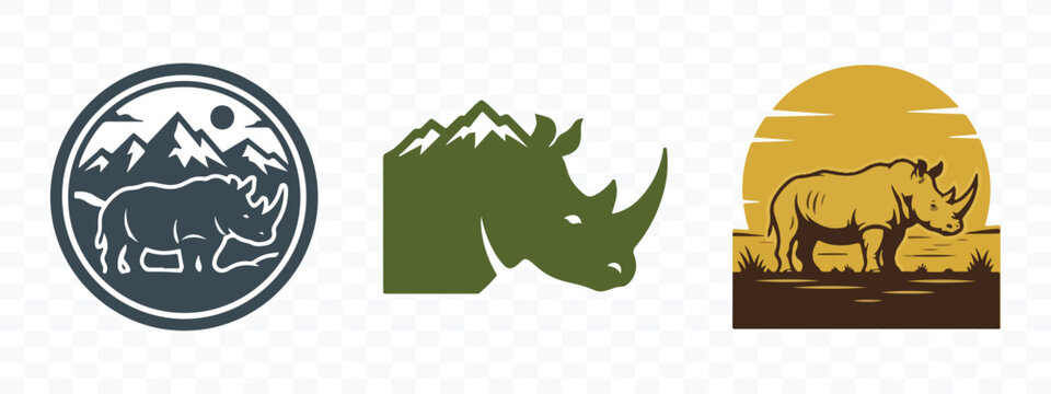 Collection of rhinoceros icons and graphic logos featuring wild rhinos wild animal icon rhino logo animal emblem vector icon rhino silhouette