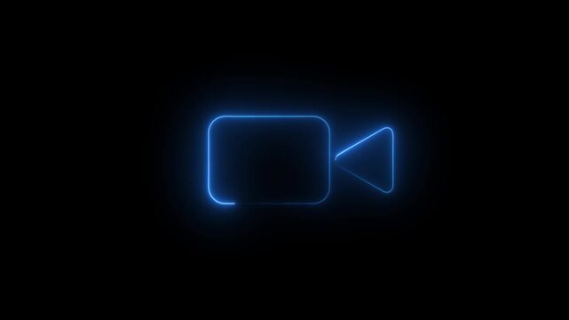 Glowing blue neon video camera icon outline animation on black background video..
