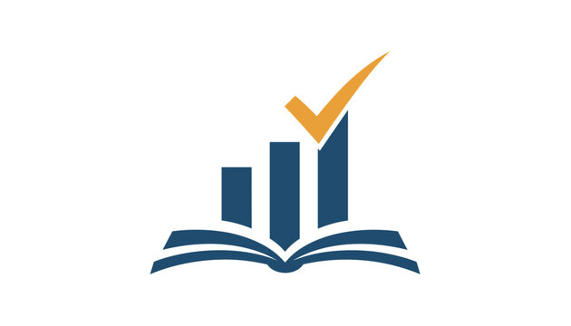 Educational growth logo showing three bar charts rising from an open book with an orange checkmark on top.