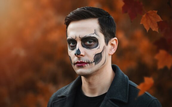 Young man with skeleton face paint standing outdoors during the autumn season