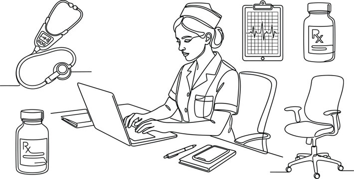 Continuous line drawing vector set of female nurse typing on laptop with stethoscope clipboard rx bottle and chair icons