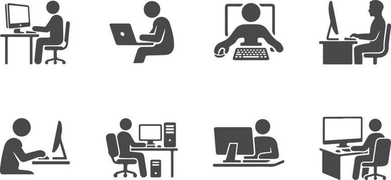 People using computers and laptops for work and study in office and home settings illustrations.