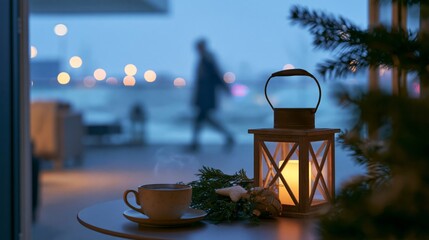 Obraz premium Luxury Christmas Balcony at Blue Hour with Lantern, Evergreen Branch and Steaming Cup, Premium Winter Travel Advertising Photography