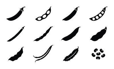 Fototapeta premium Diverse Bean Pod Silhouettes, Legume Variety Icons, Healthy Food Vector Collection