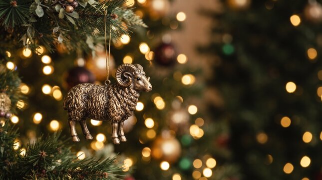 Ram ornament hanging on christmas tree with golden bokeh lights, Chinese zodiac symbol 2027 new year holiday decoration
