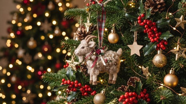 Goat ornament surrounded by fir branches, red berries and golden Christmas decorations, Chinese zodiac symbol 2027 new year