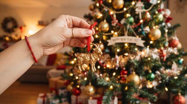Hand holding golden goat ornament in front of decorated Christmas tree, Chinese zodiac symbol 2027 new year celebration concept