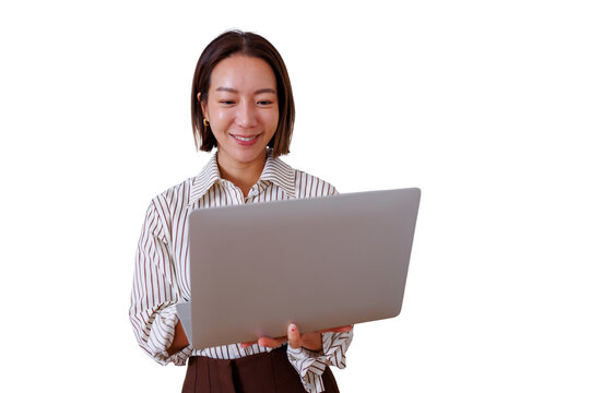 Smiling young asian woman working on laptop, remote work, online learning, or digital communication with transparent background