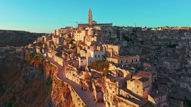 Aerial sunrise view over the ancient city of Matera, Basilicata, Italy