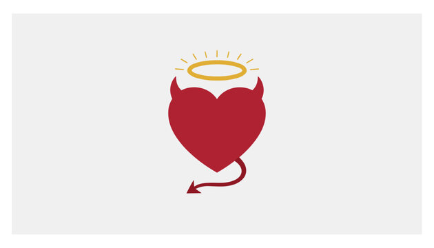 Stylized red devil heart illustration featuring pointy horns, a pointed tail, and a glowing golden angel halo.