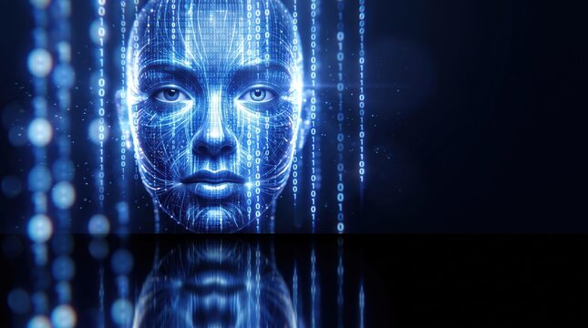 Digital human profile dissolving into columns of binary code