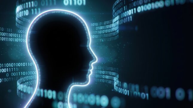 Two digital figures linked by a braided cable of binary