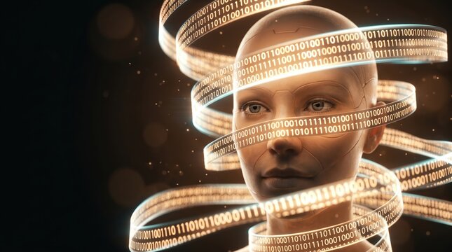 Full-length digital figure woven entirely from binary code