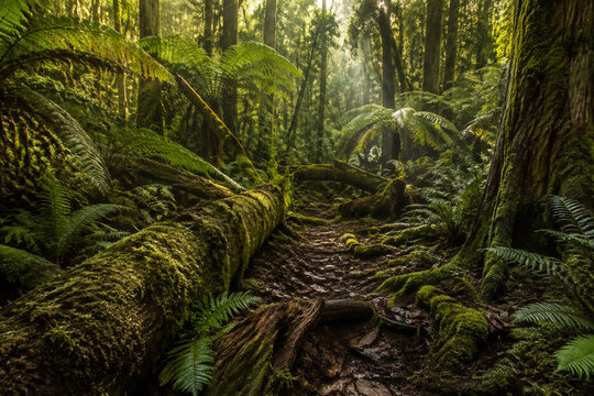 Uncivilized primeval forest floor with ferns and mossy logs
