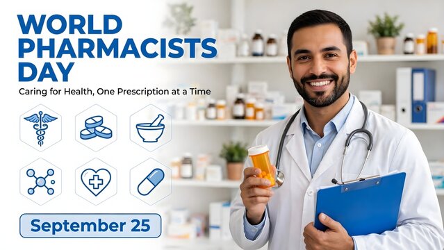 Smiling male pharmacist in white coat holding medication bottle and clipboard on world pharmacists day