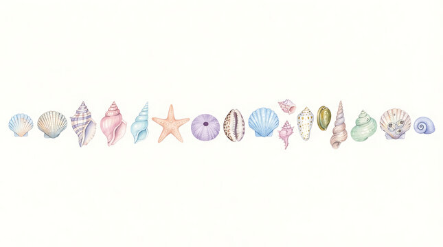Watercolor seashell border illustration with various marine life elements