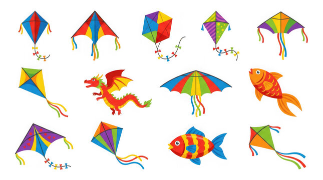 Colorful kites and fish illustrations with transparent background for creative projects transparent background