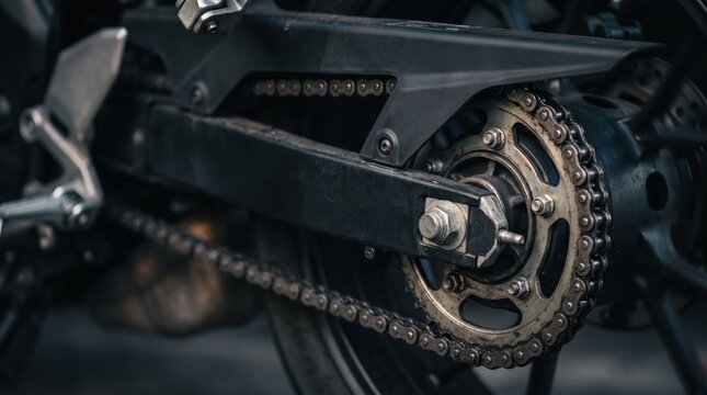 Close up of motorcycle chain and rear sprocket mechanism, detailed view of drive system on modern sport bike, mechanical parts for repair and maintenance concept