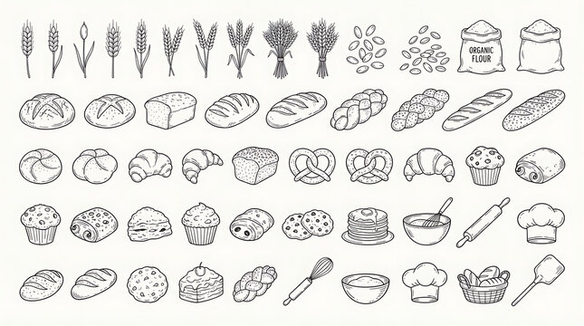 Set of hand drawn bakery icons featuring bread loaves and baking tools