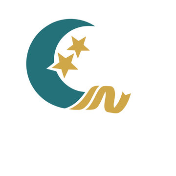 Crescent moon with stars and ribbon logo