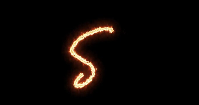 a cursive letter 's' formed from glowing embers, set against a stark black background, creating an abstract fiery graphic element.