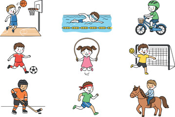 Fototapeta premium Cute children sports vector illustration set featuring kids playing basketball soccer hockey swimming running cycling and horseback riding on white background