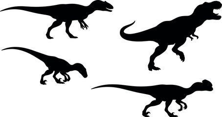 Dinosaur black silhouette vector set featuring predatory theropods like tyrannosaurus rex and raptors running on isolated white background © Sumaiya Akter Sweety