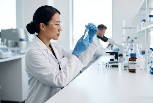 Female East Asian researcher examining sample in biotech lab side profile