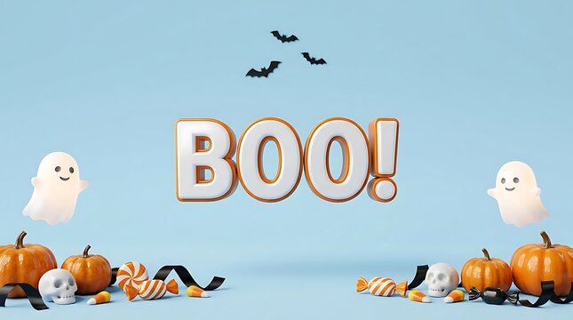 Halloween celebration graphic with spooky ghosts and pumpkins